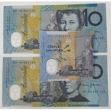 AUSTRALIA 1998 . TEN 10 DOLLAR BANKNOTES . ERROR . CONSEC PAIR . ORANGE MISSING ON 2 NOTES